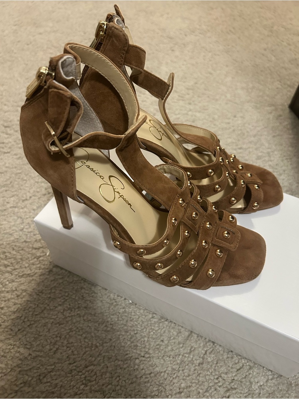 Jessica Simpson Brown Suede Studded High Heel Sandals
